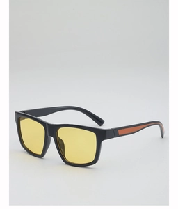 Side view of square sport sunglasses with black frames and yellow tinted lenses