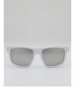 Front detail of white square sunglasses with silver mirrored lenses for sports