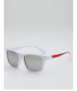 Close-up of square white sport sunglasses with red temple detail and silver lenses