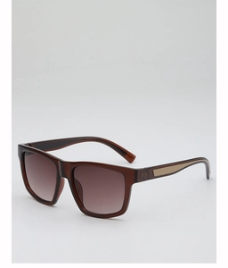 Detailed side view of matte gold temple accent on semi-transparent square sunglasses
