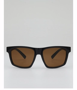 Close-up of square black frame sunglasses with brown lenses for outdoor sports