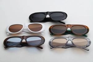 Detailed collection of retro oval pilot sunglasses in five assorted jelly colors and tints