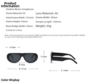 Detailed size chart for unisex aviator sunglasses with frame dimensions and weight specs