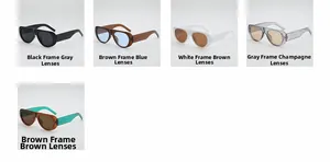 Detail view showing five retro aviator sunglasses in various color combinations and frames