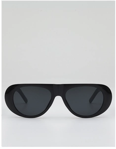 Close-up of flat top aviator sunglasses with high-gloss black frames and gray lenses