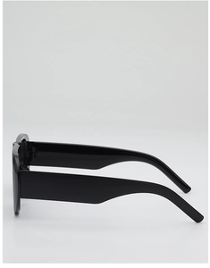 Side view of sleek black pilot sunglasses with wide glossy temples and minimalist design
