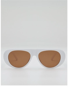 Detailed front view of white oversized pilot sunglasses with thick frames and brown lenses