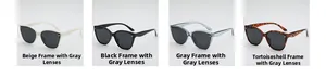 Détail de lunettes de soleil œil de chat en beige, noir, gris et écaille de tortue