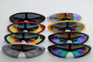 Detailed array of futuristic sports sunglasses in various vibrant colors and coatings