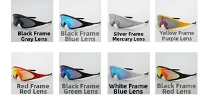 Grid display of 8 futuristic cycling sunglasses showing various frame and lens color options