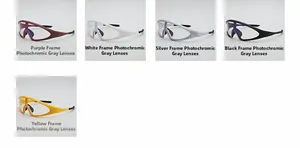 Multiple views of photochromic cycling sunglasses in purple, white, silver, black, and yellow