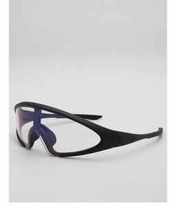 Close-up of futuristic cycling goggles with purple-blue iridescent lens and matte frame