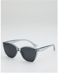 Détail de lunettes de soleil œil-de-chat gris-bleu avec rivets et monture transparente