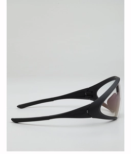 Detail of matte black wraparound sunglasses frame with streamlined non-slip temple design