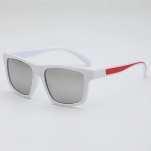 White square frame sports sunglasses with silver grey lenses and red temple accents