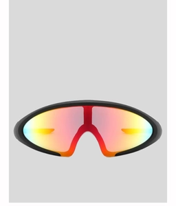 Front detail of futuristic cycling sunglasses with orange-red reflective lenses