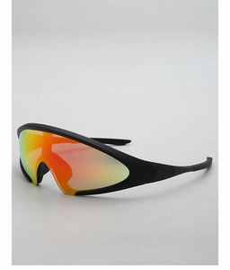 Close-up of aerodynamic sports sunglasses with iridescent red-orange gradient lens