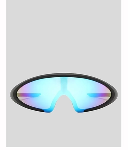 Front view of futuristic wrap-around sports sunglasses with blue-purple gradient lenses