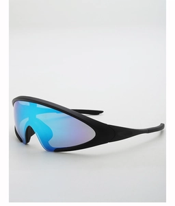 Macro detail of futuristic cycling sunglasses with blue-purple gradient lenses and black frame