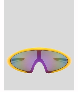Detail of futuristic sports sunglasses with yellow frame and purple gradient lens