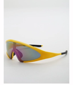 Detail of futuristic cycling sunglasses with yellow frames and purple mirrored lenses