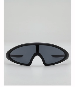 Front view of matte black wrap-around sporty sunglasses with futuristic shield design