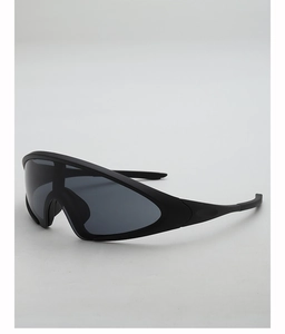 Streamlined matte black cycling sunglasses with wide dark gray windproof lenses