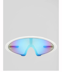Front macro view of white matte frame sports sunglasses with blue-purple gradient lenses
