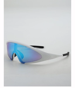 Close-up of futuristic white cycling sunglasses with blue-purple gradient lenses