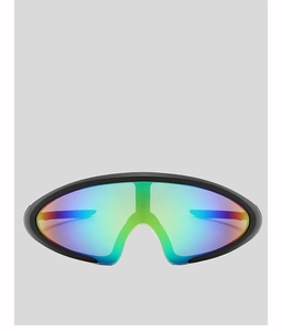 Front view of futuristic wrap-around cycling sunglasses with iridescent shield lenses