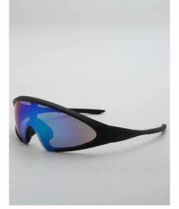 Side view of futuristic wrap around sports sunglasses with blue iridescent mirrored lenses