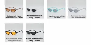 Grille détaillée montrant six lunettes de soleil œil de chat rétro en divers coloris tendance