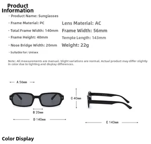 Detailed size specifications for square black sunglasses with PC frame and AC lenses