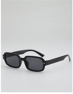 Detail of black rectangular sunglasses with silver star rivets on the frame corners