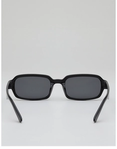 Front and back view of glossy black rectangular sunglasses with dark gray lenses