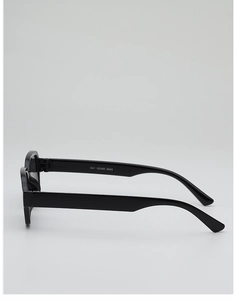 Detail view of black rectangular sunglasses temples with printed model specifications
