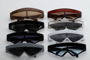 Detailed array of Y2K style oversized shield sunglasses in eight various trendy colors