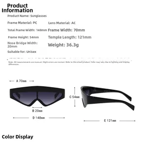 Detailed size chart for unisex full frame sunglasses with PC frame and AC lenses