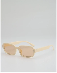 Detail of cream rectangle sunglasses with orange lenses and silver star metal accents