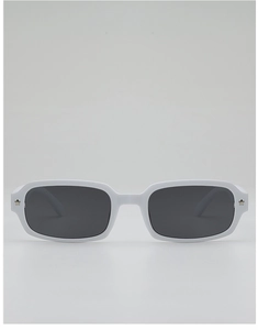 Close-up of white rectangular sunglasses featuring decorative silver star accents