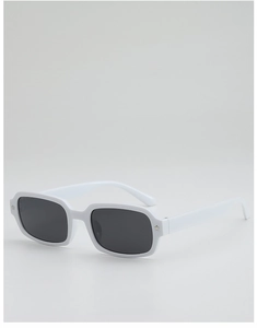 Detail of white rectangular sunglasses featuring black lenses and star-shaped metal accents