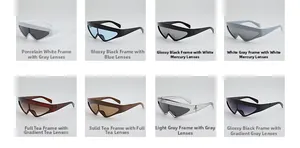 Close-up of retro-futuristic sunglasses showing multiple frame colors and lens tints