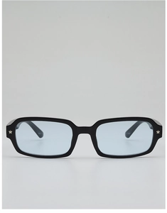 Detail of square black sunglasses frame featuring silver star studs and blue lenses
