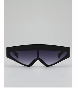 Close-up of matte black futuristic shield sunglasses with dark grey gradient lenses