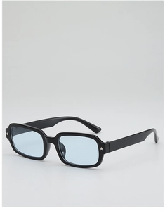 Detail of retro black rectangle frame with light blue lenses and silver star metal hinge