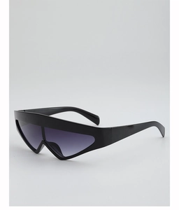 Close-up of trendy black full-frame sunglasses with gradient purple shield lenses