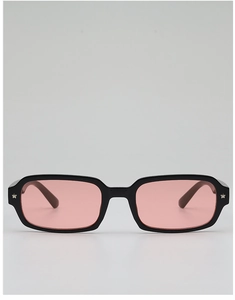 Detail view of retro rectangle sunglasses with pink lenses and silver star accents