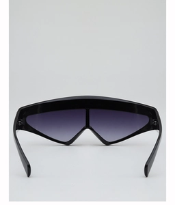 Front view of futuristic oversized shield sunglasses with black gradient lenses