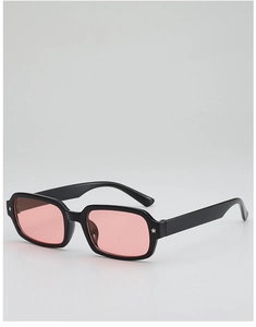 Detail of vintage rectangular black frame sunglasses with pink lenses and star rivets