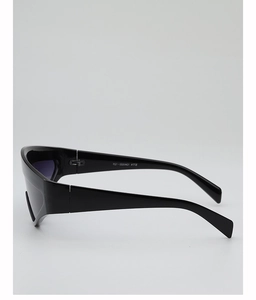 Detailed side view of black wrap-around sunglasses showing streamlined temple and model code